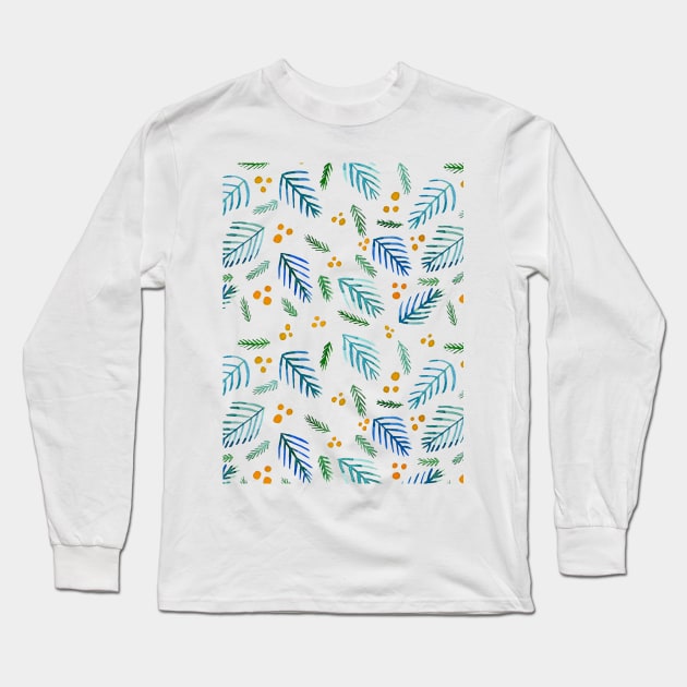 Christmas tree branches and berries - blue and orange Long Sleeve T-Shirt by wackapacka